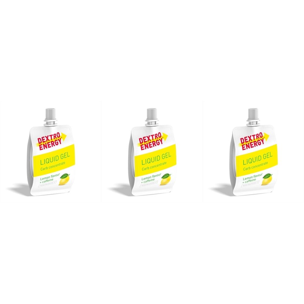 Drei Beutel mit Dextro Energy Liquid Gel. Weißer Beutel mit gelbem Etikett und Produktinformationen. Zitronen-Geschmack.