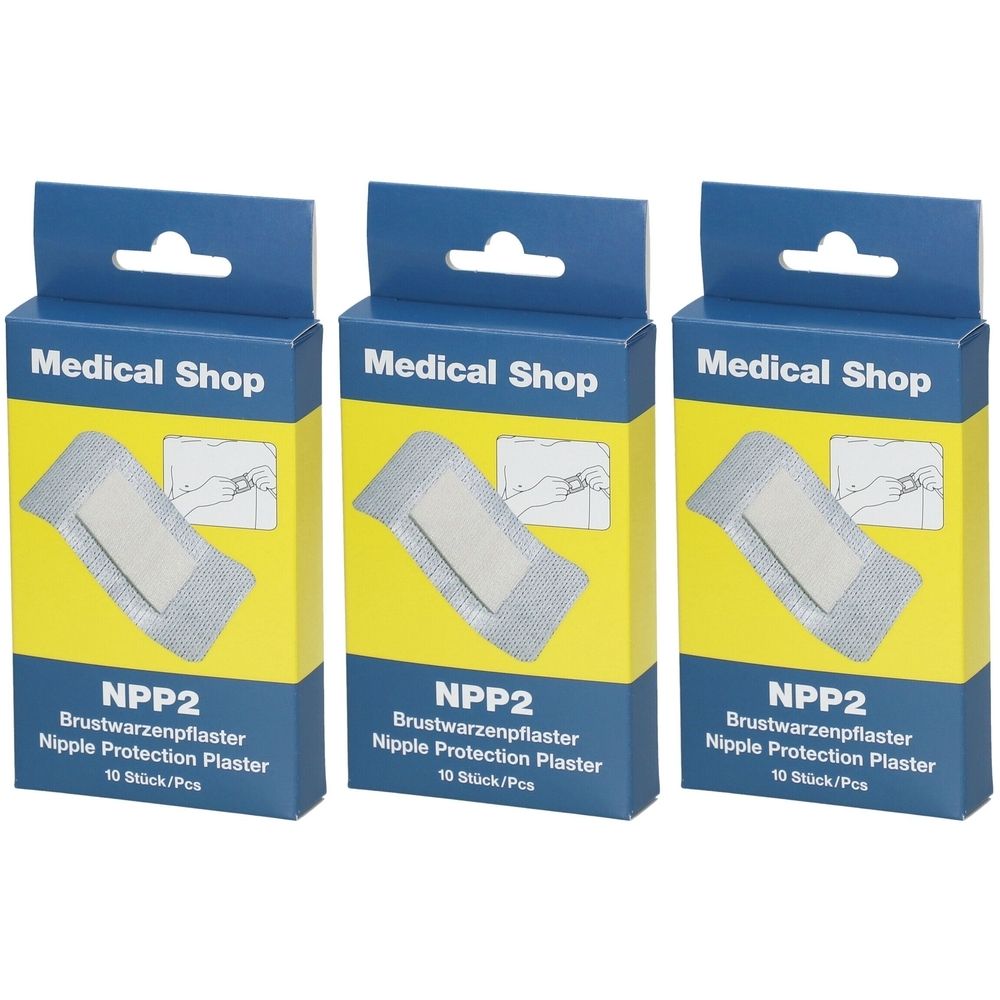 Drei Schachteln mit Brustwarzenpflaster. Aufschrift: NPP2, Nipple Protection Plaster, 10 Stück/Pcs. Marke: Medical Shop.