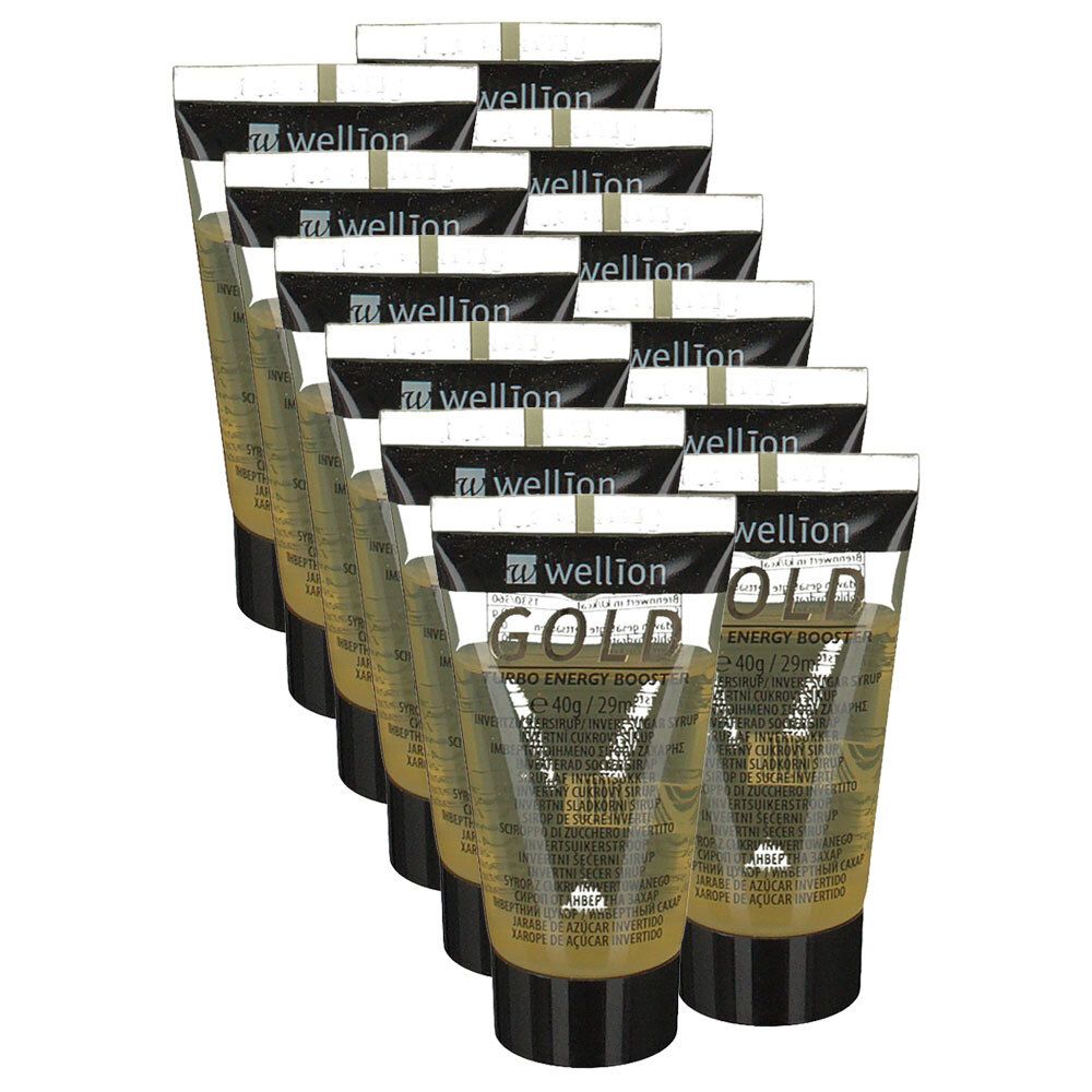 Mehrere Tuben mit goldfarbenem Inhalt. Auf jeder Tube steht "wellion GOLD ENERGY BOOST". Schwarzer Deckel und Schrift.