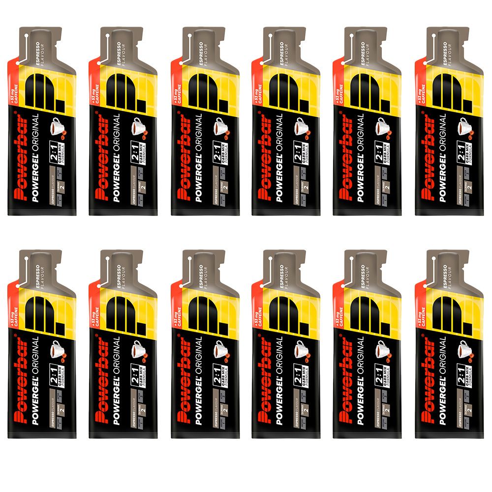 Zwölf PowerBar Gel Espresso-Päckchen. Jedes Päckchen hat ein gelbes Design mit roter und schwarzer Schrift. Das Produkt ist sichtbar.