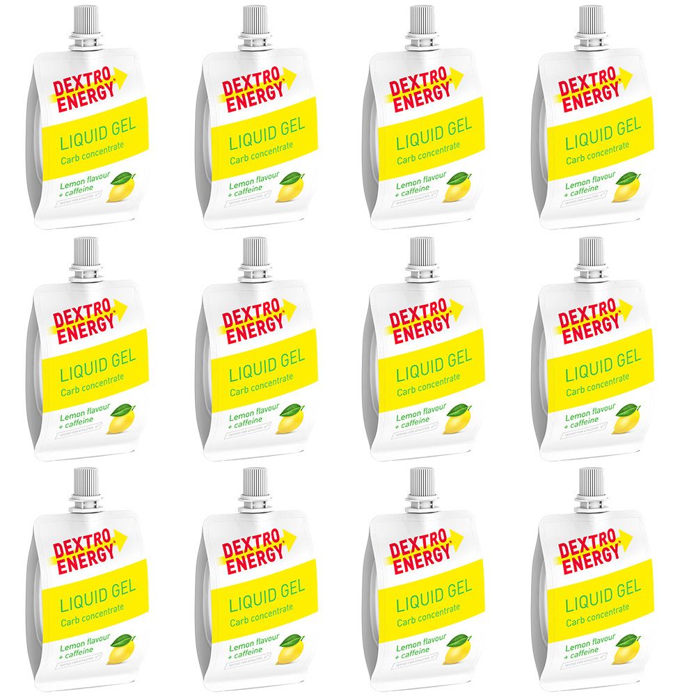 Zwölf Beutel Dextro Energy Liquid Gel. Weiß-gelbe Verpackung mit Produktnamen und Zitronenabbildung. Mit Schraubverschluss.