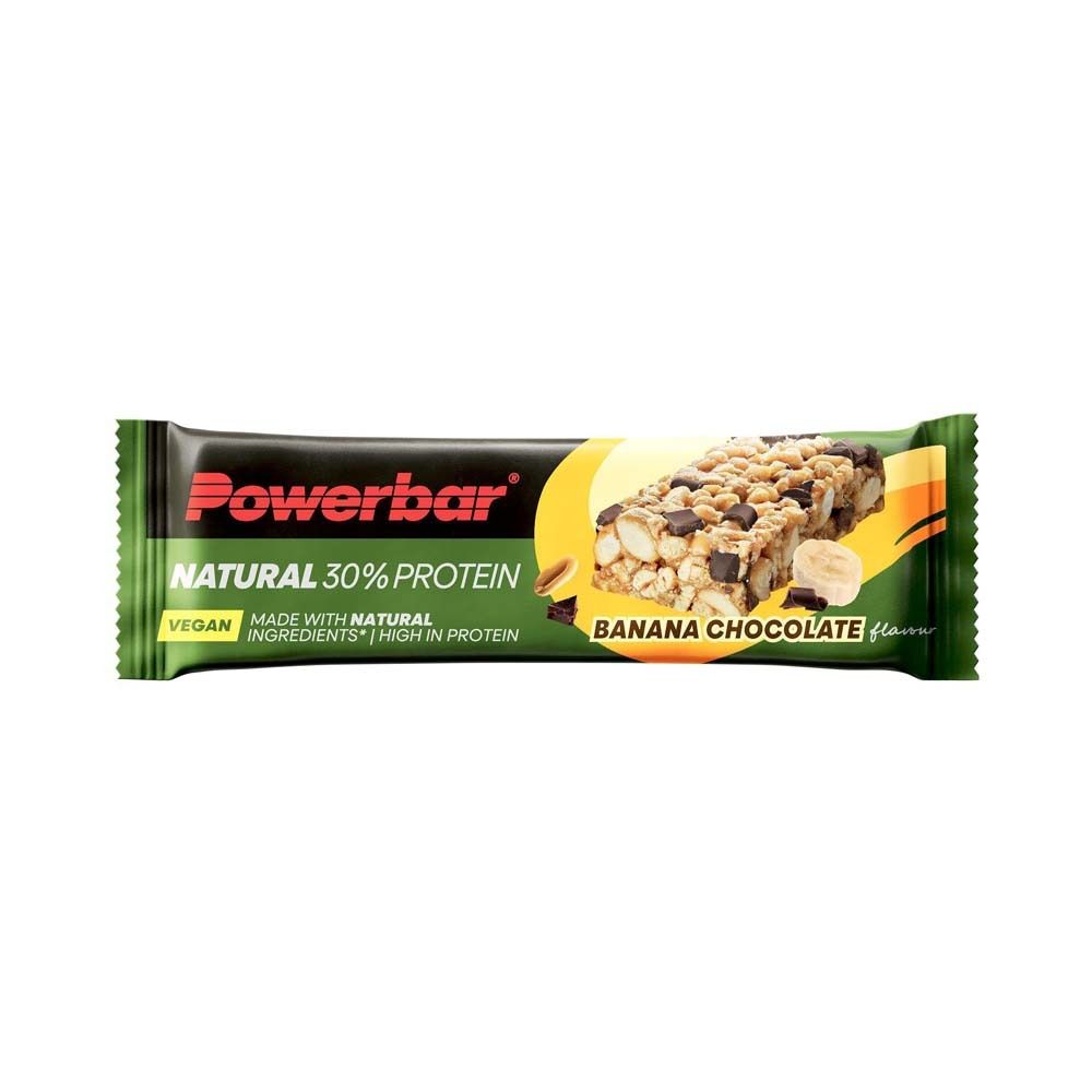 Powerbar NATURAL PROTEIN Bananen-Schokolade Riegel. Grüne Verpackung mit Produktbild und Text. Vegan, 30% Protein.
