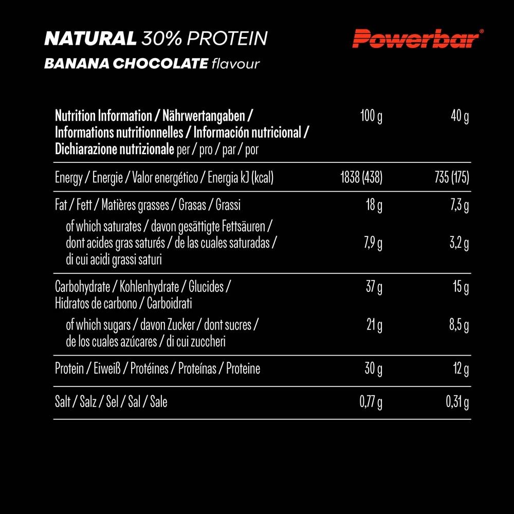 Nährwertangaben für Powerbar NATURAL PROTEIN Bananen-Schokolade. Informationen in verschiedenen Sprachen. 100g und 40g.