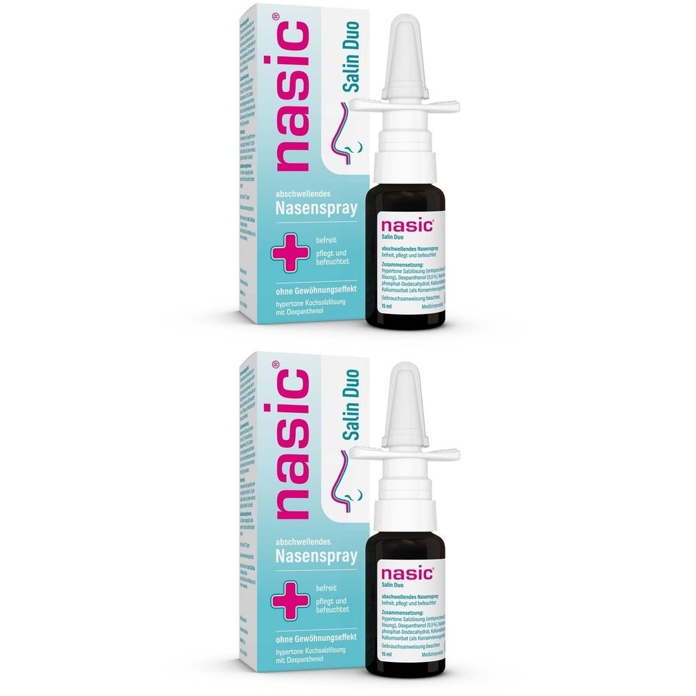 Zwei Flaschen Nasenspray mit Verpackung. Aufschrift: nasic, Salin Duo, Nasenspray. Weiße Sprühaufsätze, braune Flaschen.
