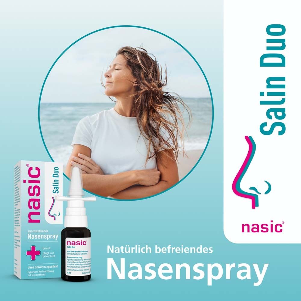 Frau am Strand mit nasic® Salin Duo Nasenspray. Auf der Verpackung steht nasic®, Salin Duo und Nasenspray. Text: Natürlich befreiendes Nasenspray.