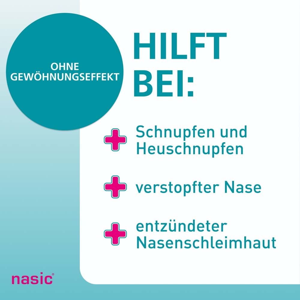 Text: Hilft bei: Schnupfen und Heuschnupfen, verstopfter Nase, entzündeter Nasenschleimhaut. Logo: nasic®.
