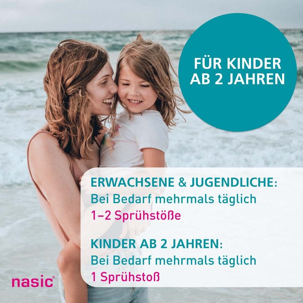 Mutter und Kind am Strand. Text: Für Kinder ab 2 Jahren. Erwachsene & Jugendliche: 1-2 Sprühstöße. Kinder ab 2 Jahren: 1 Sprühstoß. Logo: nasic®.