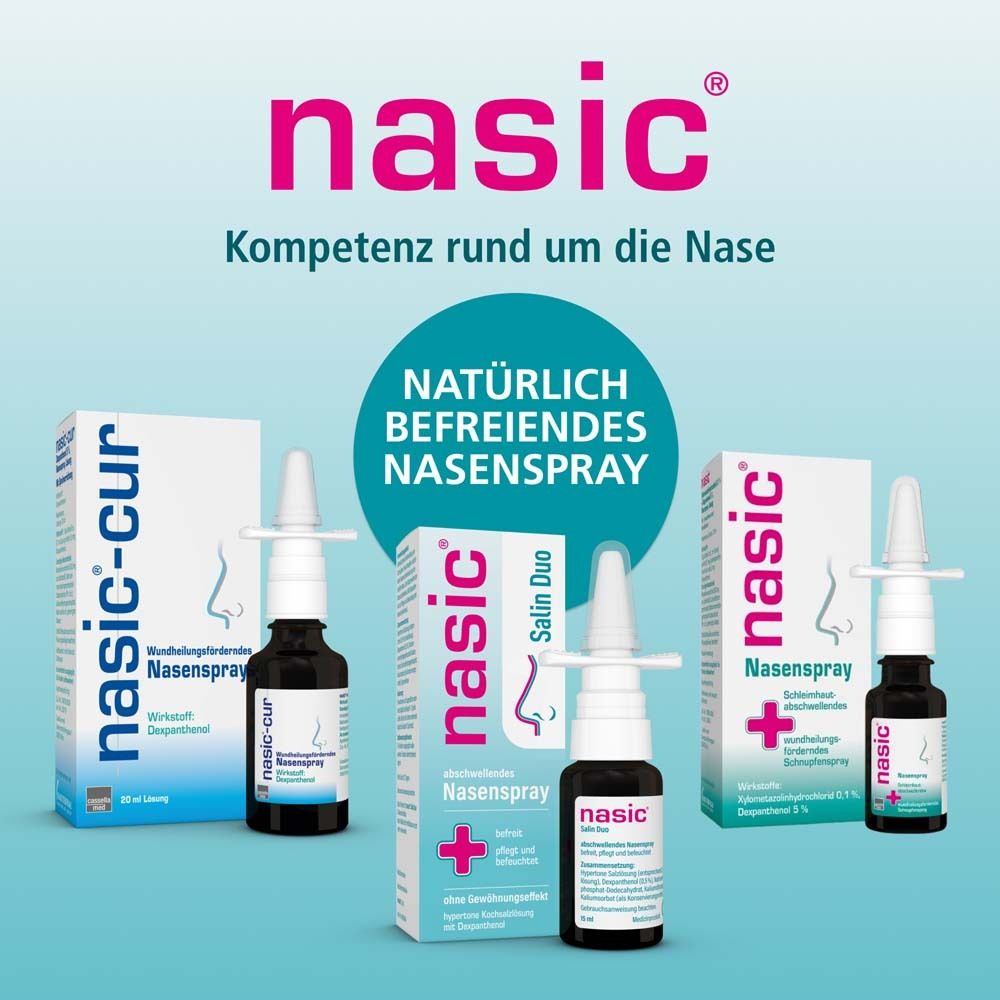 Verschiedene nasic® Produkte. nasic®-cur, nasic® Salin Duo, nasic® Nasenspray. Text: Kompetenz rund um die Nase. Logo: nasic®.