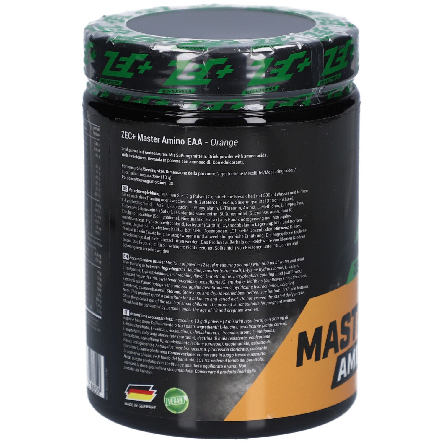 Rückseite der schwarzen Dose mit Text. ZEC+ Master Amino EAA - Orange. Inhaltsstoffe und Nährwertangaben. Vegan-Siegel.