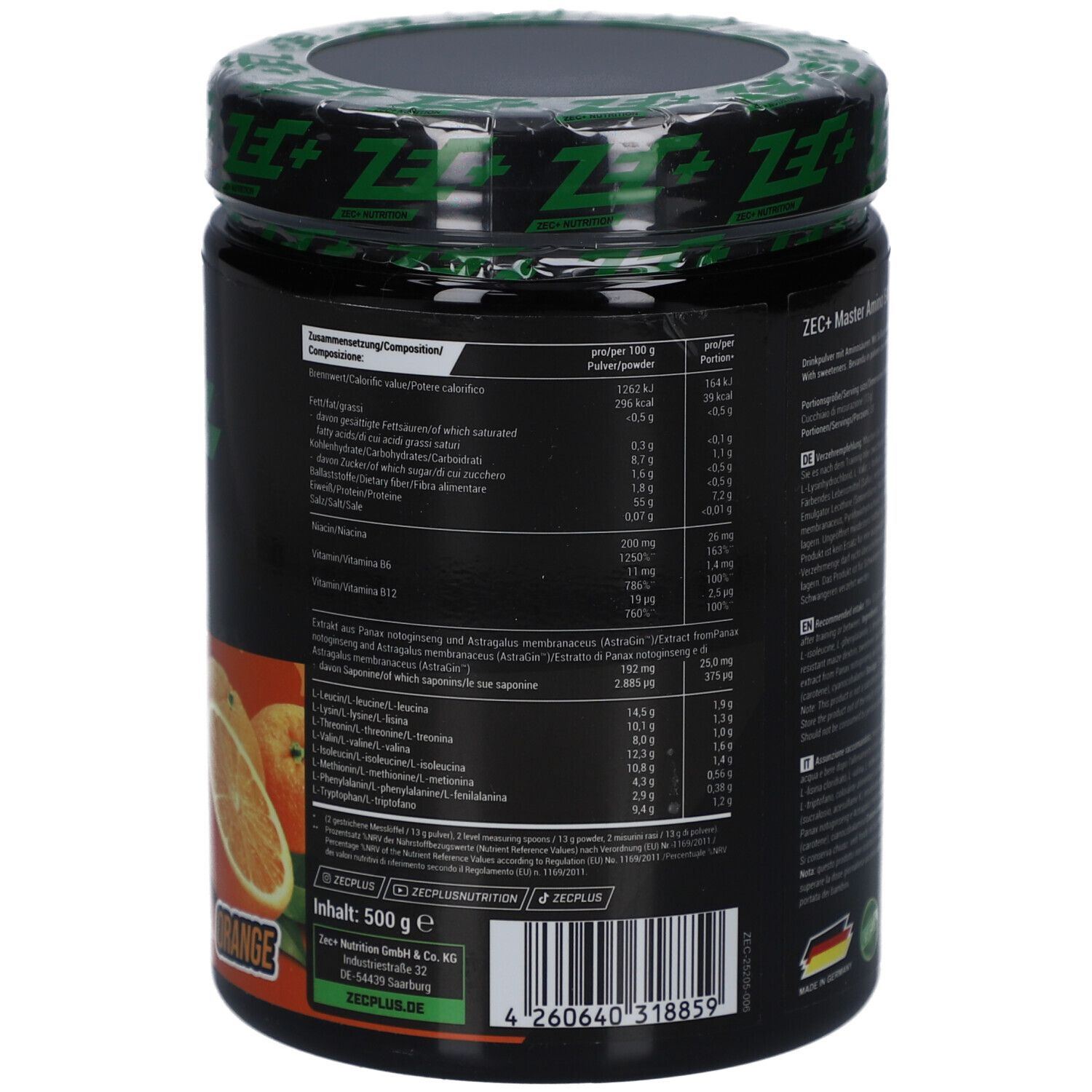 Rückseite der schwarzen Dose mit Text. ZEC+ Master Amino EAA - Orange. Inhaltsstoffe und Nährwertangaben. Vegan-Siegel.