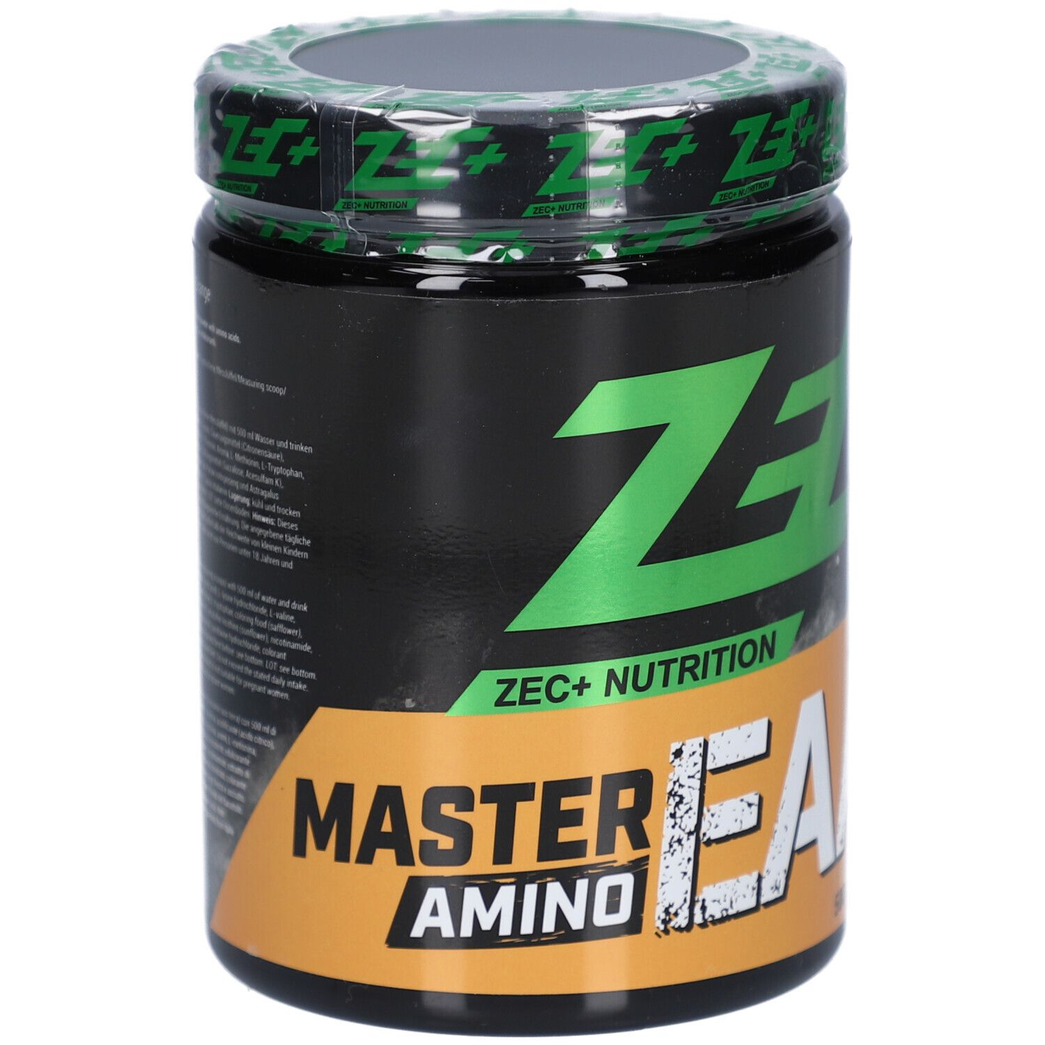 Schwarze Dose mit grünem Deckel und Aufschrift ZEC+ MASTER AMINO EAA. Orangefarbener Streifen mit Produktnamen. Siegel.
