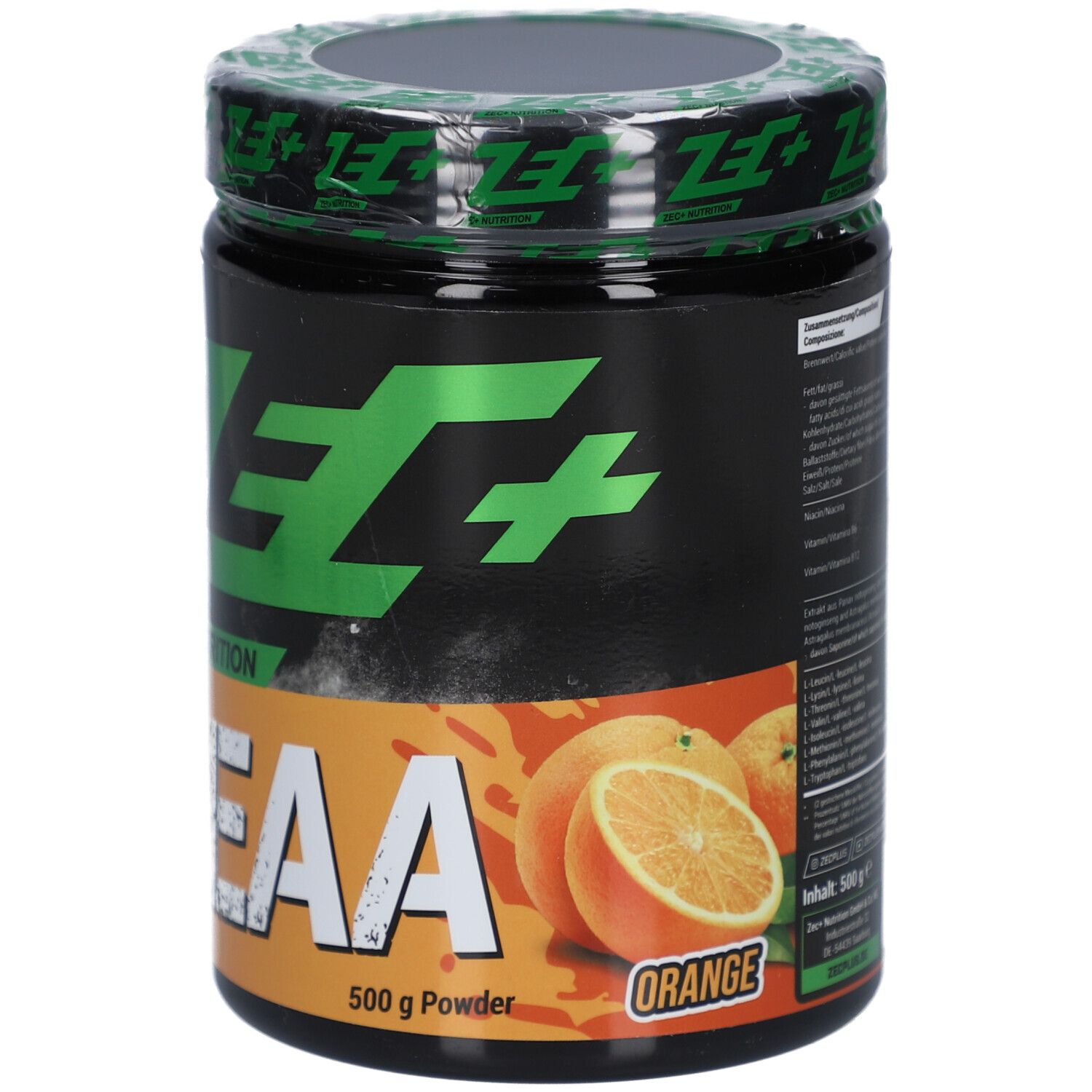 Schwarze Dose mit grünem Deckel und Aufschrift ZEC+ MASTER AMINO EAA. Orangefarbener Streifen mit Orangen-Illustration. Siegel.