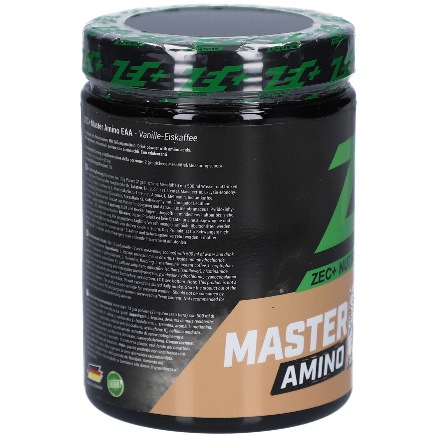 Produktglas mit Text. Aufschrift "ZEC+ Nutrition" und "MASTER AMINO". Text in Deutsch. Mit Deutschland-Flagge.