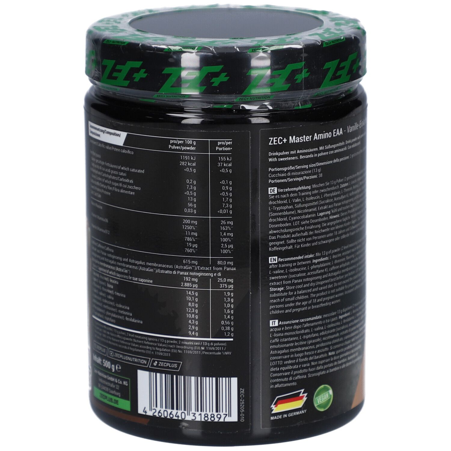 Produktglas mit Text. Aufschrift "ZEC+ Nutrition" und "MASTER AMINO". Text in Deutsch. Mit Deutschland-Flagge.