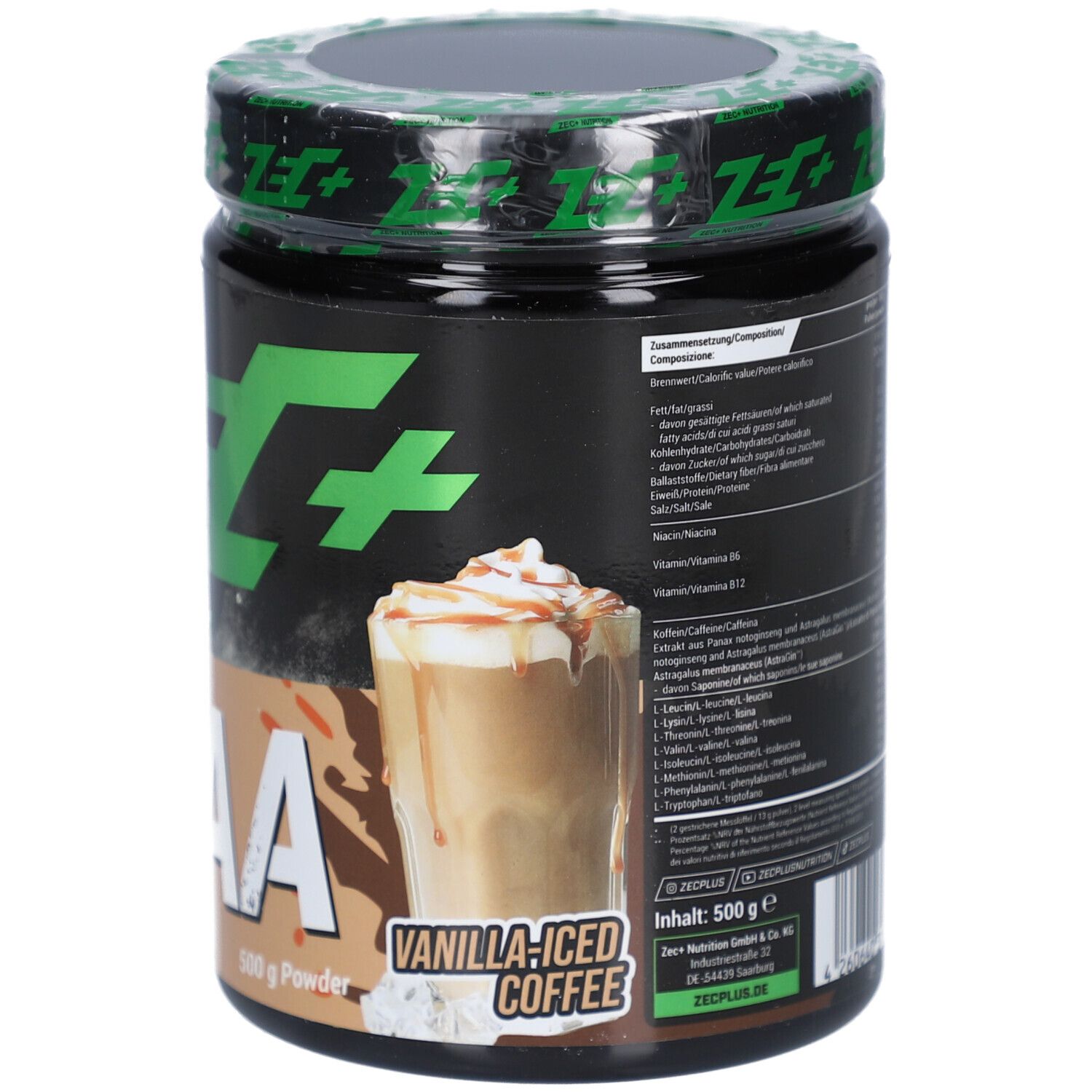 Schwarzes Produktglas mit grünem Deckel. Aufschrift "ZEC+" und "MASTER AMINO EAA". Brauner Bereich mit "500 g Powder".