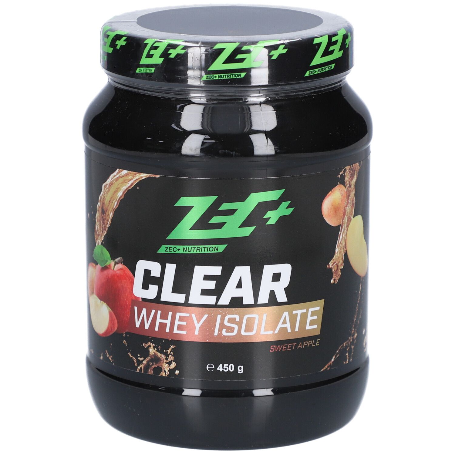 Schwarzes Proteinpulver-Behälter. Aufschrift: ZEC+ CLEAR WHEY ISOLATE, Süßer Apfel. Abbildung von Äpfeln und Flüssigkeit.