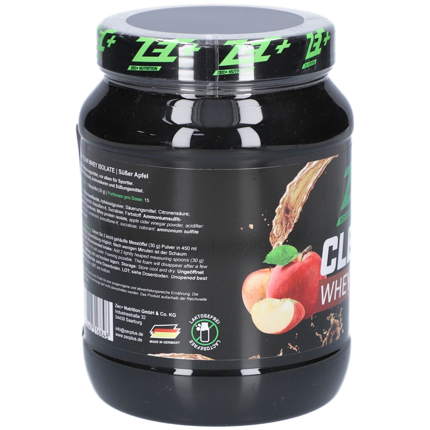 Schwarzer Proteinpulver-Behälter. Aufschrift: ZEC+ CLEAR WHEY ISOLATE, Süßer Apfel. Rückseite mit Text und Zutatenliste.