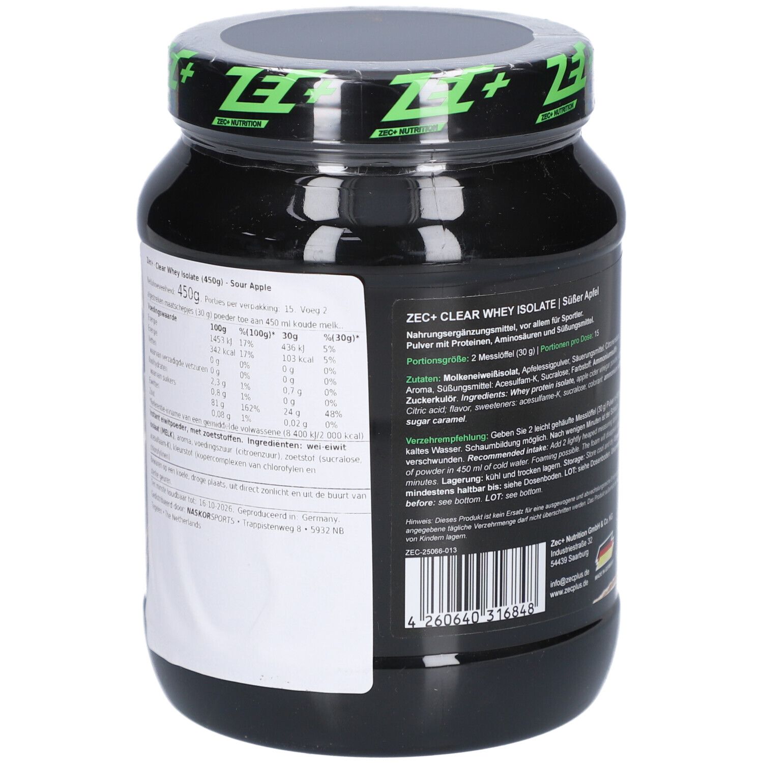 Schwarzer Proteinpulver-Behälter. Aufschrift: ZEC+ CLEAR WHEY ISOLATE, Süßer Apfel. Rückseite mit Nährwertangaben.