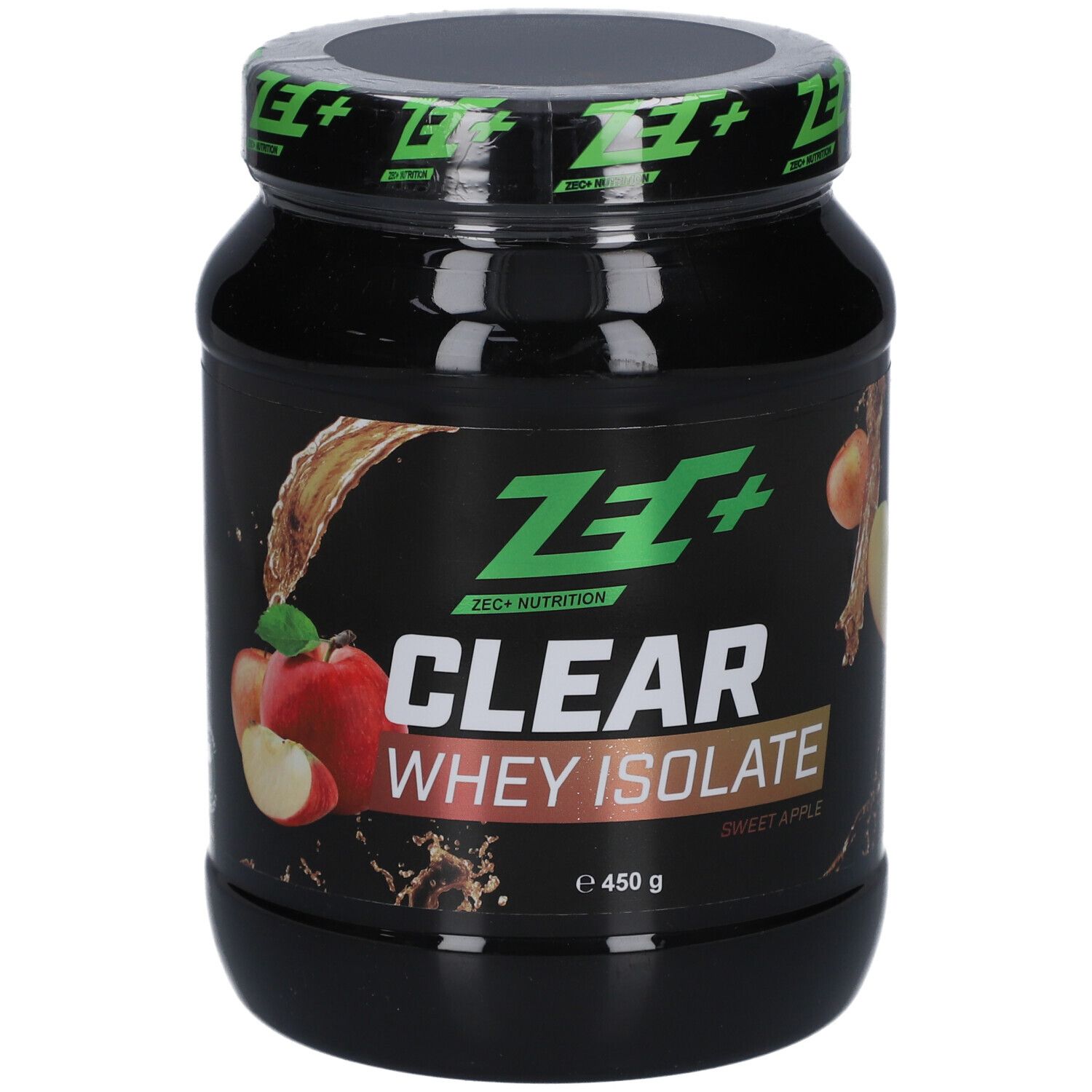 Schwarzer Proteinpulver-Behälter. Aufschrift: ZEC+ CLEAR WHEY ISOLATE, Süßer Apfel. Abbildung von Äpfeln und Flüssigkeit.