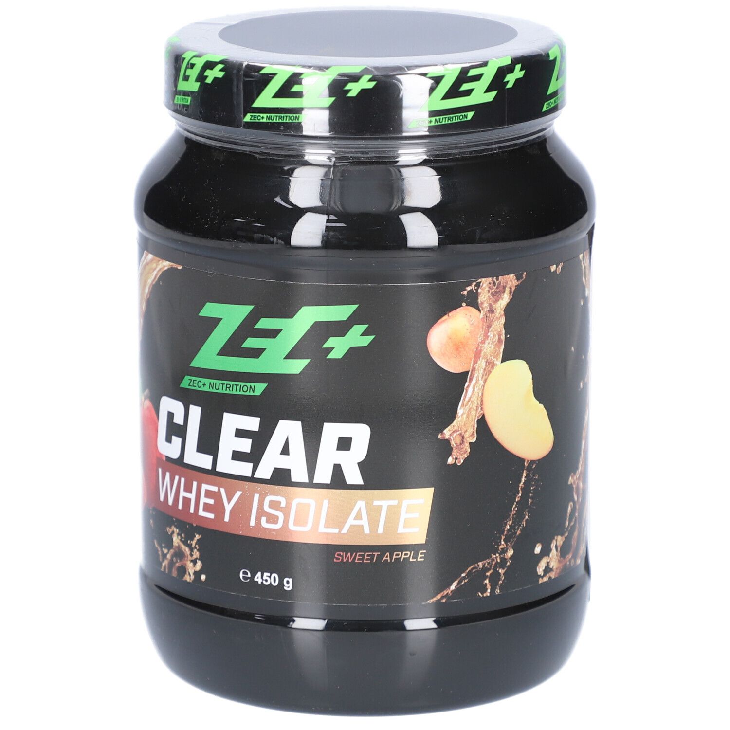 Schwarzer Proteinpulver-Behälter. Aufschrift: ZEC+ CLEAR WHEY ISOLATE, Süßer Apfel. Abbildung von Äpfeln und Flüssigkeit.