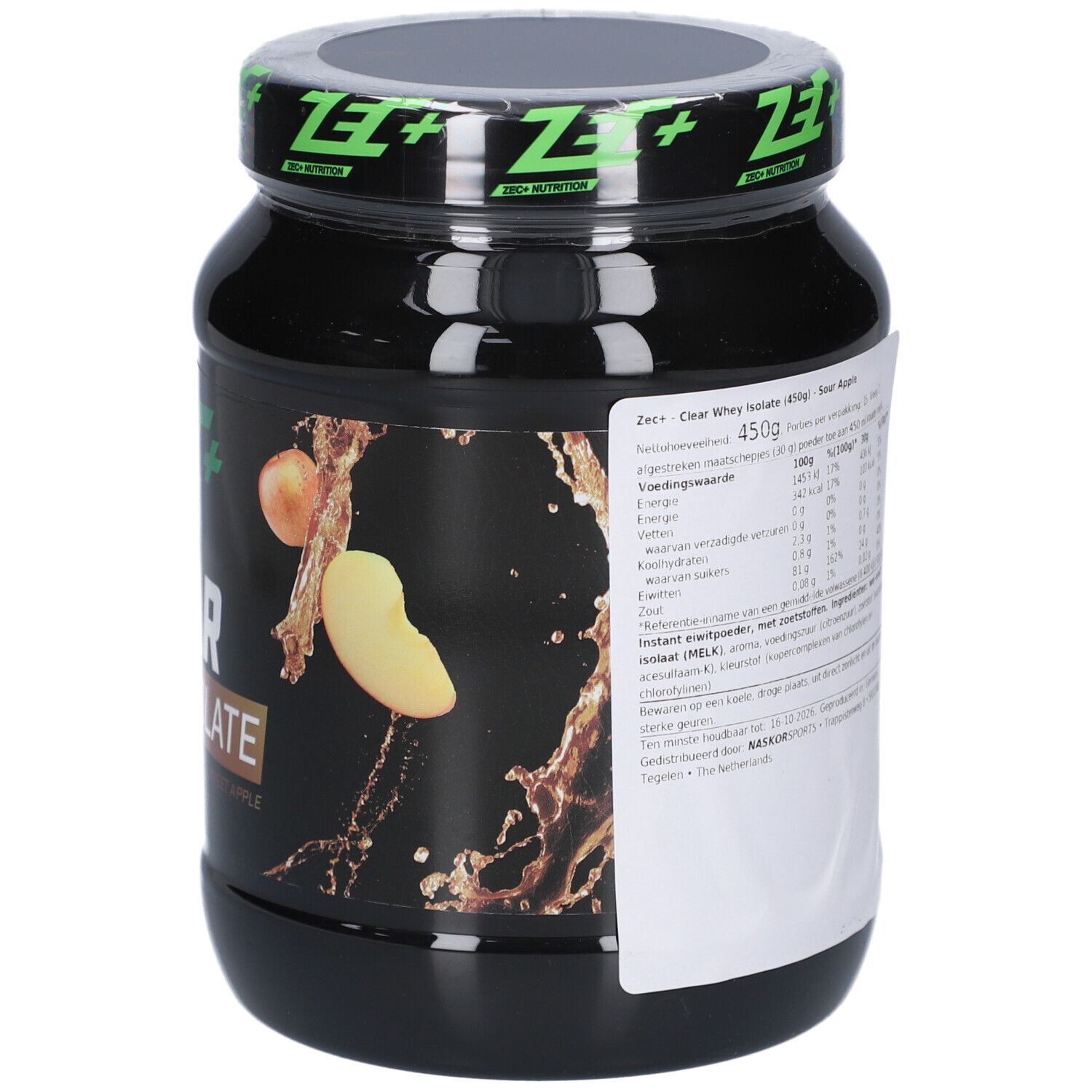 Schwarzer Proteinpulver-Behälter. Aufschrift: ZEC+ CLEAR WHEY ISOLATE, Süßer Apfel. Rückseite mit Text und Nährwertangaben.