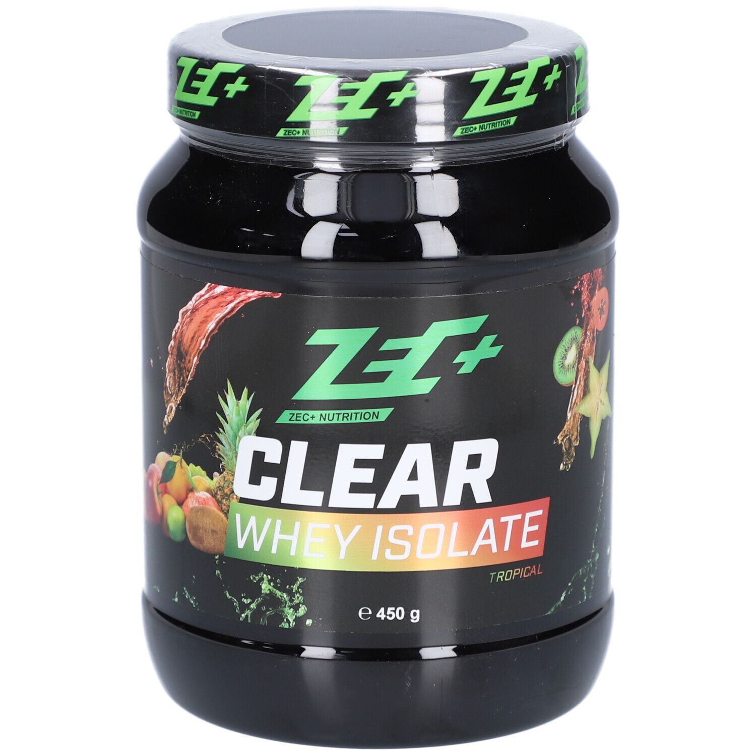 Schwarze Dose mit ZEC+ CLEAR WHEY ISOLATE. Aufschrift: Tropical, 450 g. Abbildung von Früchten.