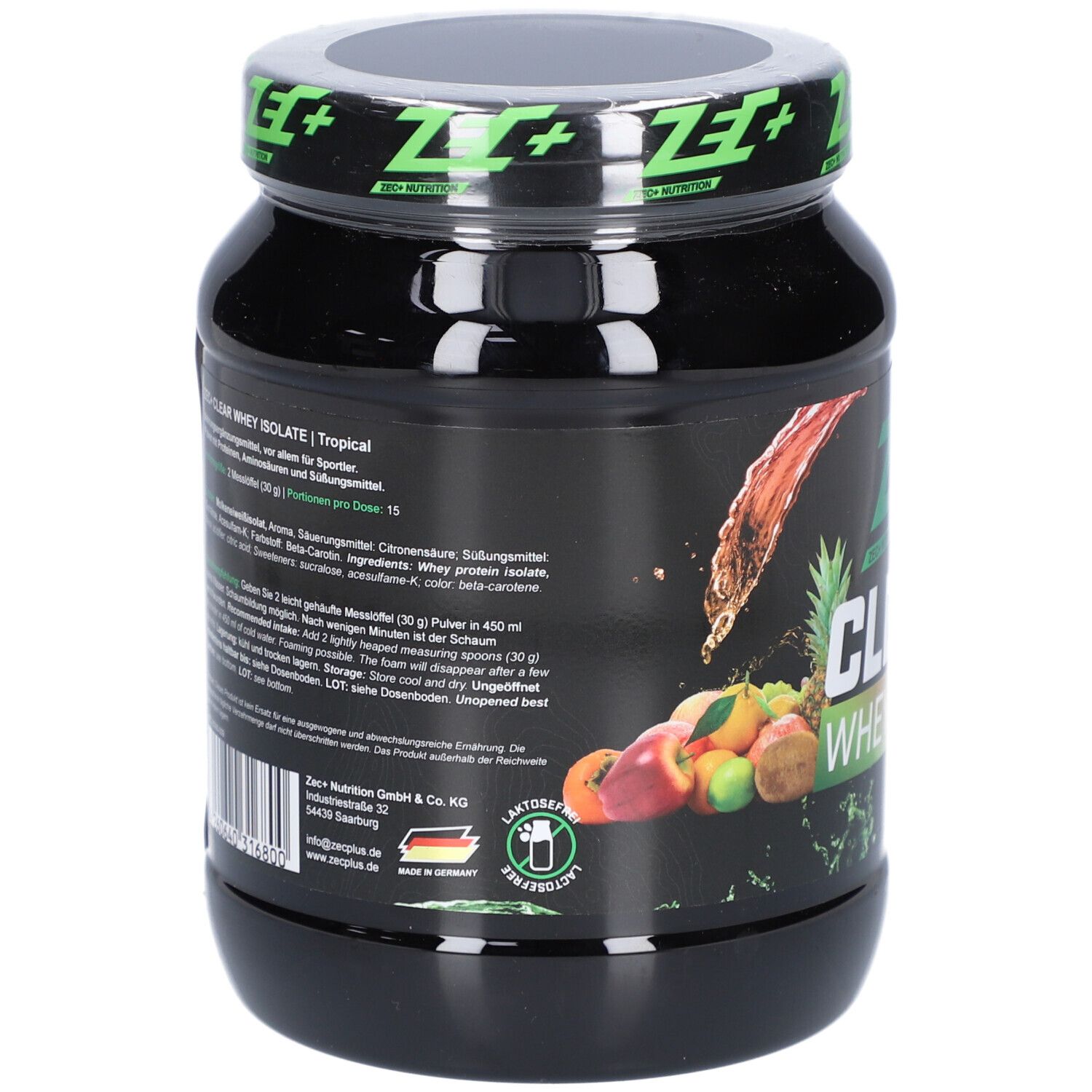 Rückseite der schwarzen Dose ZEC+ CLEAR WHEY ISOLATE. Text mit Inhaltsstoffen und Nährwertangaben. Laktosefrei-Siegel.