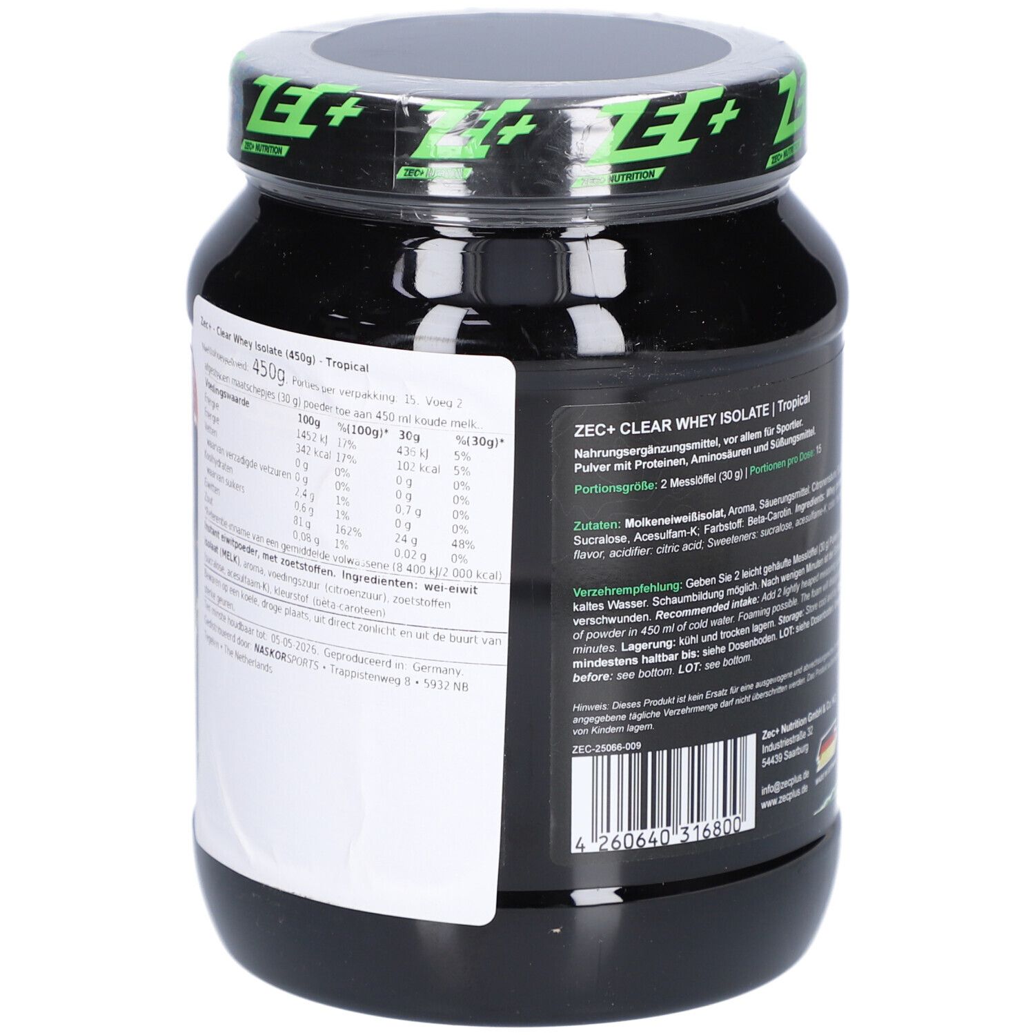 Rückseite der schwarzen Dose ZEC+ CLEAR WHEY ISOLATE. Text mit Nährwertangaben und Inhaltsstoffen. Hergestellt in Deutschland.