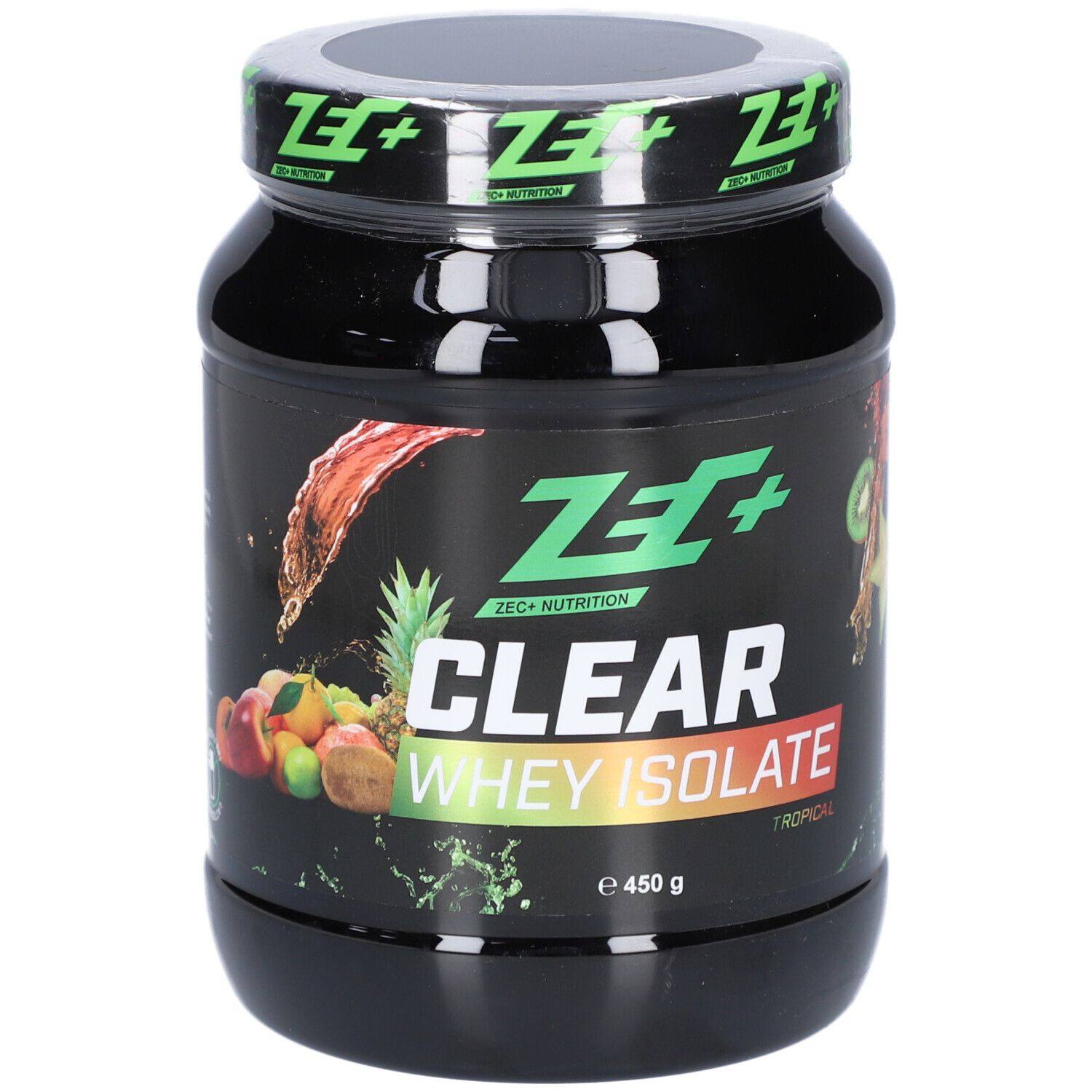 Schwarze Dose ZEC+ CLEAR WHEY ISOLATE. Aufschrift: Tropical, 450 g. Abbildung von Früchten.