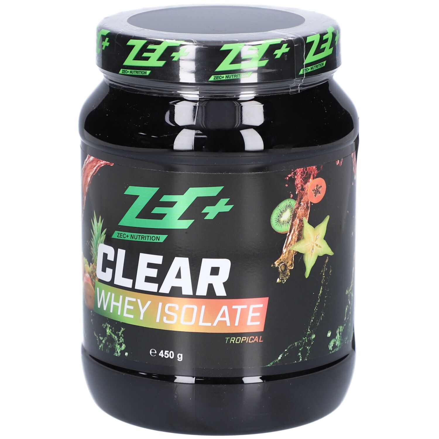 Schwarze Dose ZEC+ CLEAR WHEY ISOLATE. Aufschrift: Tropical, 450 g. Abbildung von Früchten.