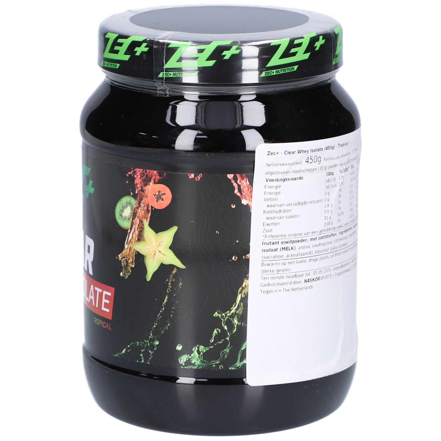 Rückseite der schwarzen Dose ZEC+ CLEAR WHEY ISOLATE. Text mit Nährwertangaben. Hergestellt in den Niederlanden.