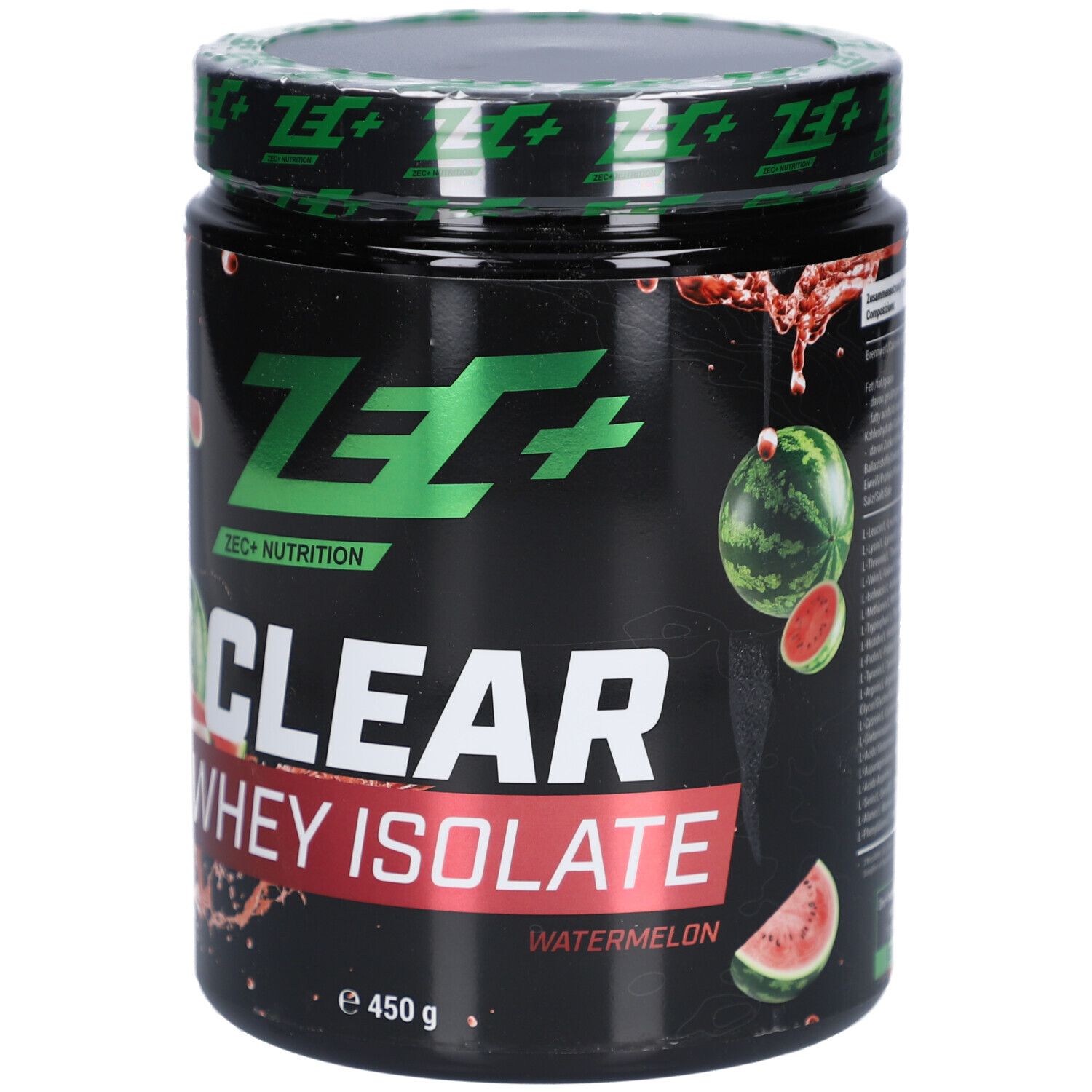 Schwarze Dose mit grünem Deckel. Aufschrift: ZEC+ CLEAR WHEY ISOLATE Wassermelone. Abbildung von Wassermelonen. 450g.
