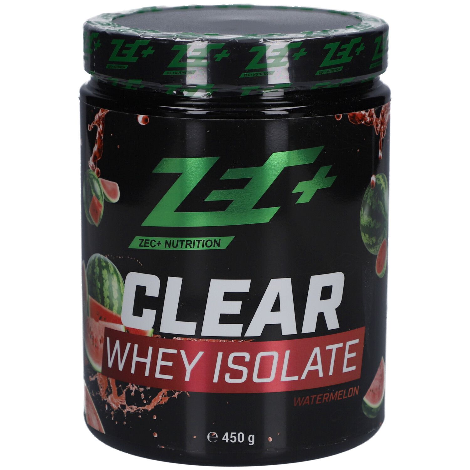 Schwarze Dose mit grünem Deckel. Aufschrift: ZEC+ CLEAR WHEY ISOLATE Wassermelone. Abbildung von Wassermelonen. 450g.