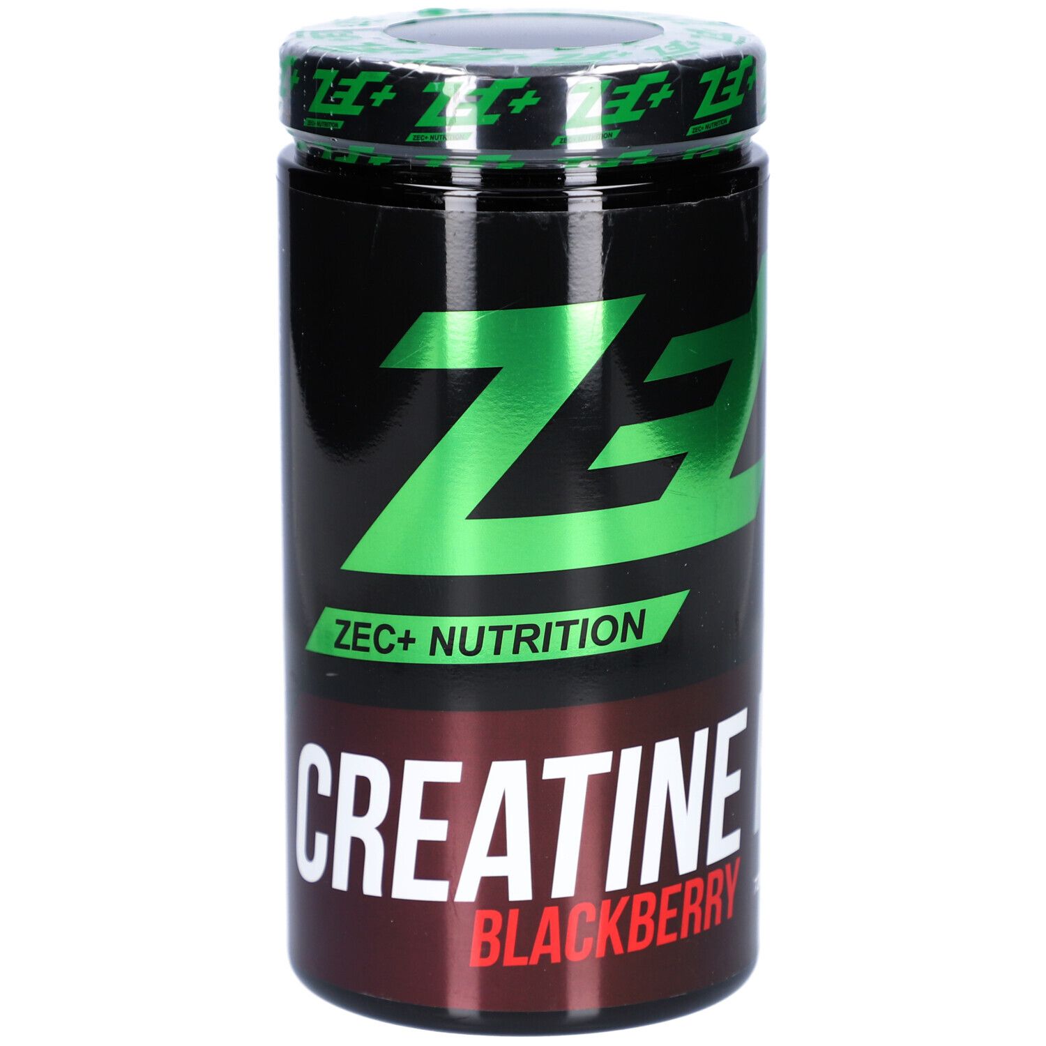 Schwarze Dose mit grünem ZEC+ Logo und Schriftzug CREATINE BLACKBERRY. Deckel mit grünem Logo. Produktname und Geschmacksrichtung.