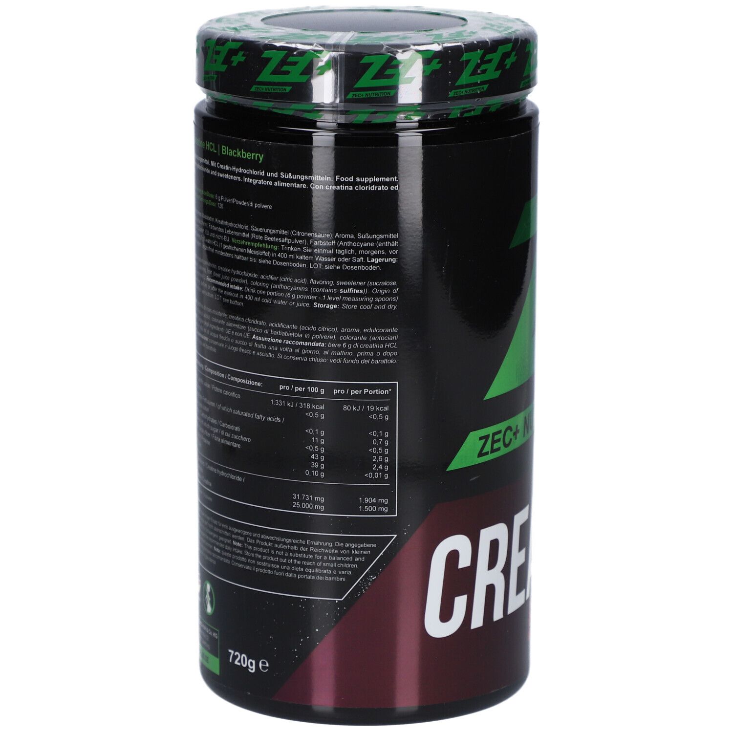 Schwarze Dose mit grünem Deckel. Aufschrift: ZEC+ CREATINE HCL Blackberry. 720g. Nährwertangaben.