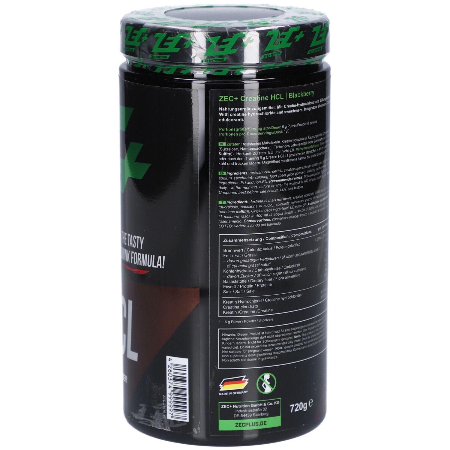 Schwarze Dose mit grünem Deckel. Aufschrift: ZEC+ Creatine HCL Blackberry. Rückseite mit Text und Nährwertangaben. 720g.