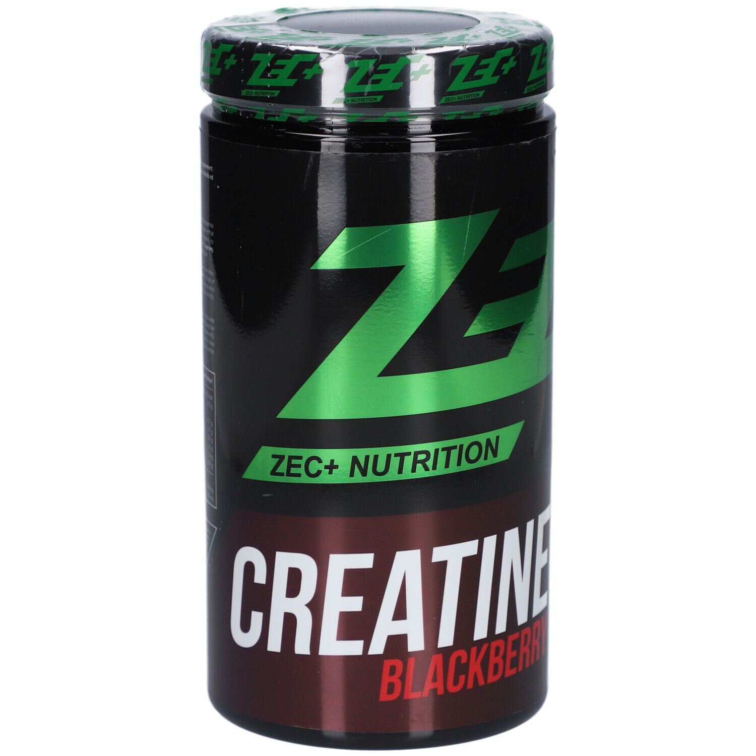 Schwarze Dose mit grünem Deckel. Aufschrift: ZEC+ NUTRITION, CREATINE BLACKBERRY. Rote Schrift auf schwarzem Grund.