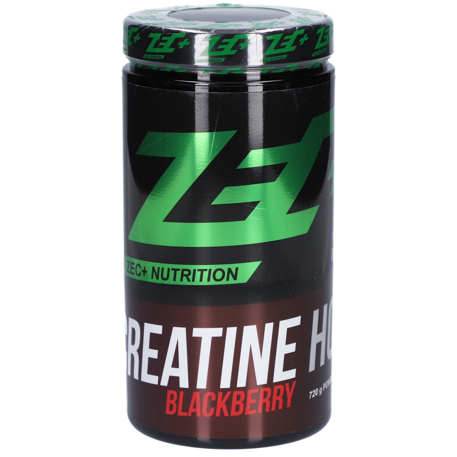 Schwarze Dose mit grünem Deckel. Aufschrift: ZEC+ NUTRITION, CREATINE HCL BLACKBERRY. 720 g.