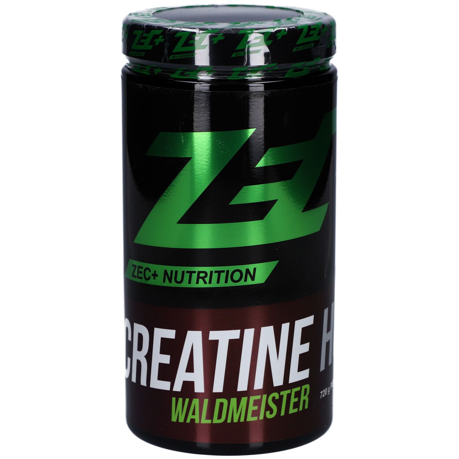 Schwarze Dose mit grünem Deckel und Logo. Aufschrift: ZEC+ CREATINE HCL Waldmeister.