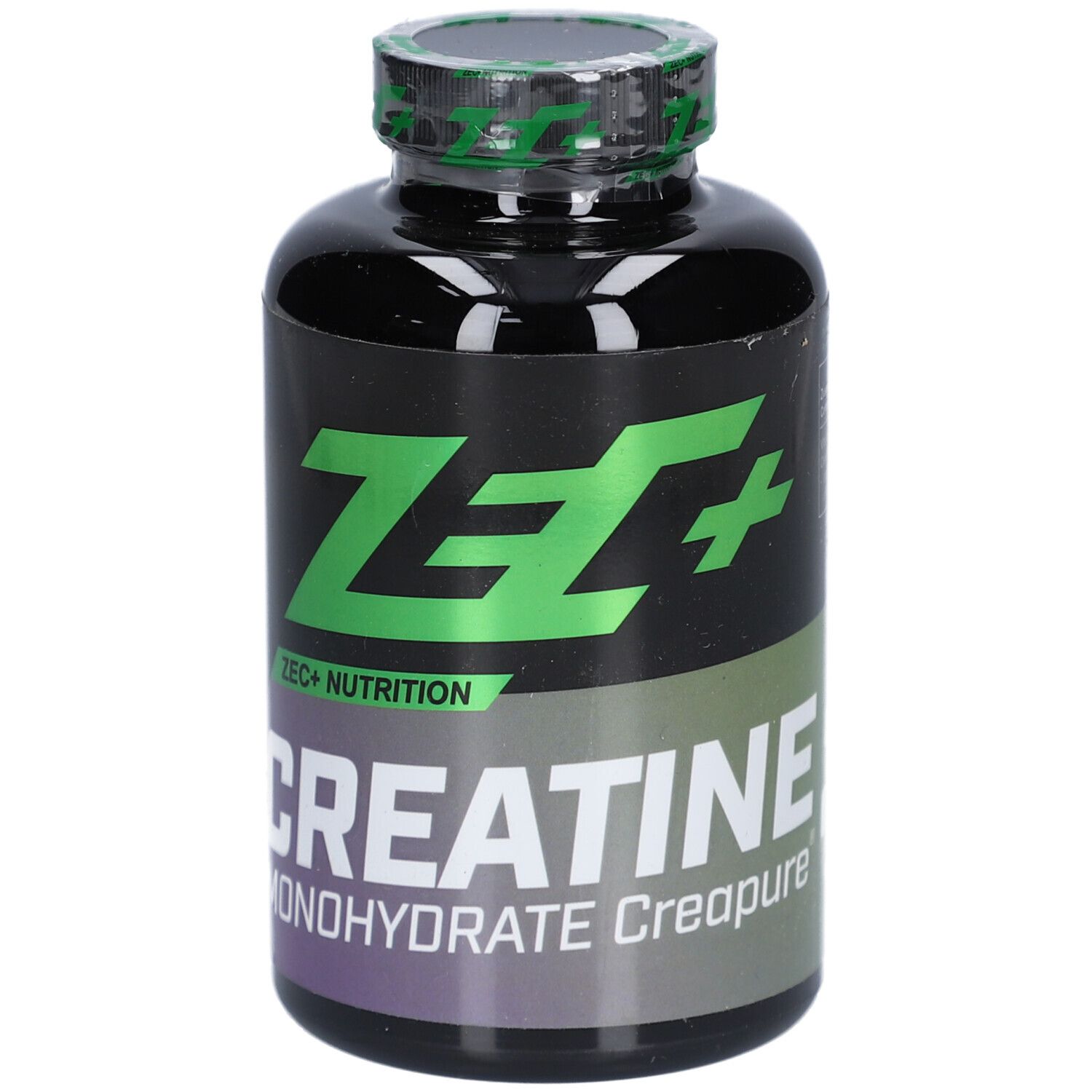 Schwarze Flasche mit grünem Deckel. ZEC+ Nutrition, Creatine Monohydrate Creapure. Grün-weiße Schrift.