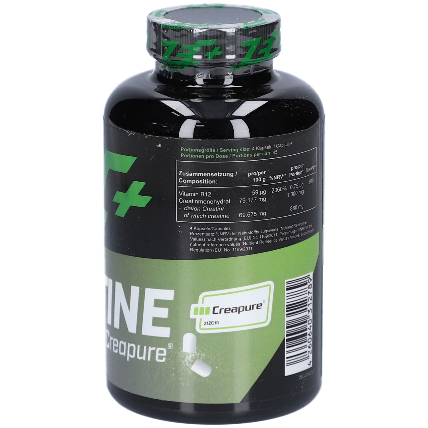 Schwarze Flasche mit grünem Deckel. ZEC+ Creatine Monohydrate Creapure. Kapseln, Nährwertangaben.