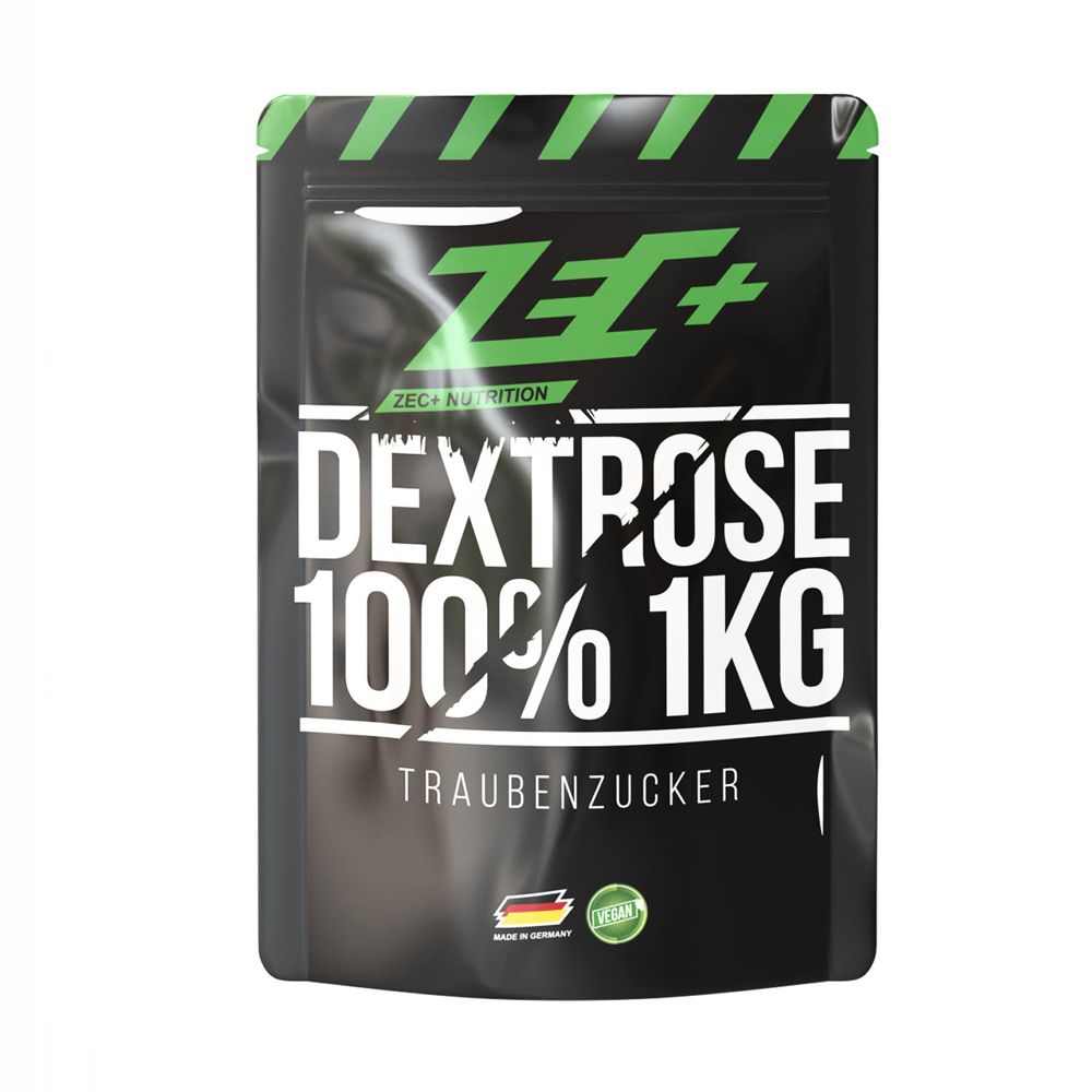 Schwarze Verpackung mit grünem Streifen. Aufschrift: ZEC+ Dextrose 100% 1KG Traubenzucker. Vegan-Siegel. Hergestellt in Deutschland.