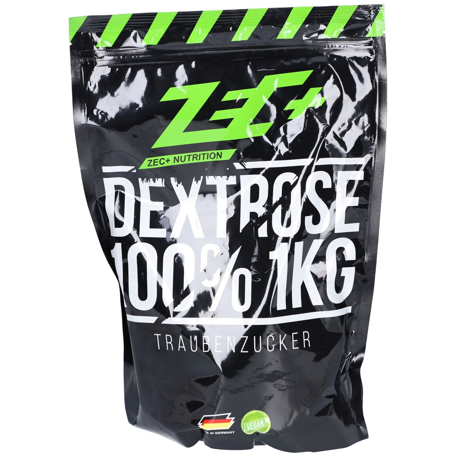 Schwarze Verpackung mit grünem Streifen. Aufschrift: ZEC+ Dextrose 100% 1KG Traubenzucker. Vegan-Siegel. Produktansicht.