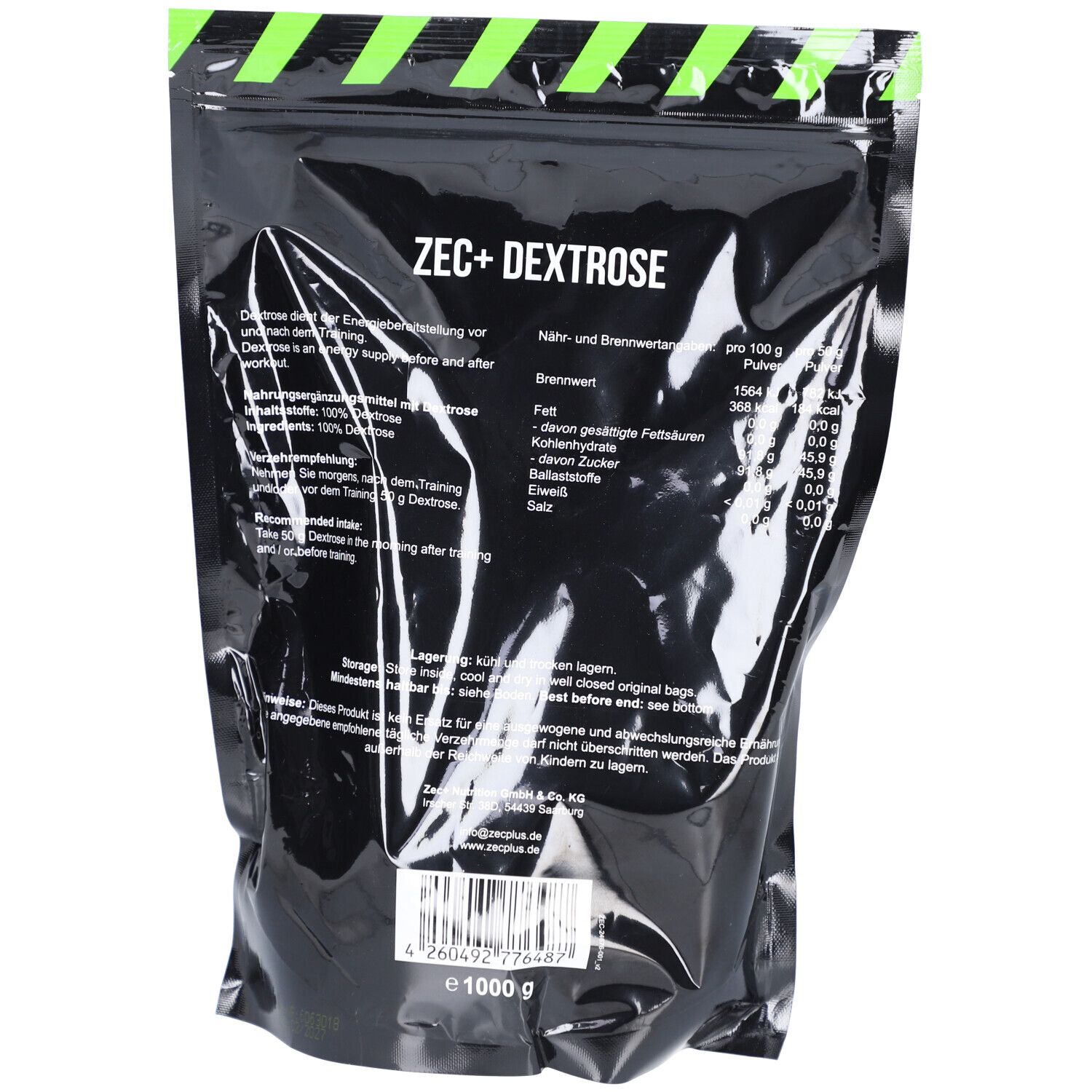 Rückseite der schwarzen Verpackung. Text mit Nährwertangaben und Inhaltsstoffen. Barcode und Logo. Gewicht: 1000 g.