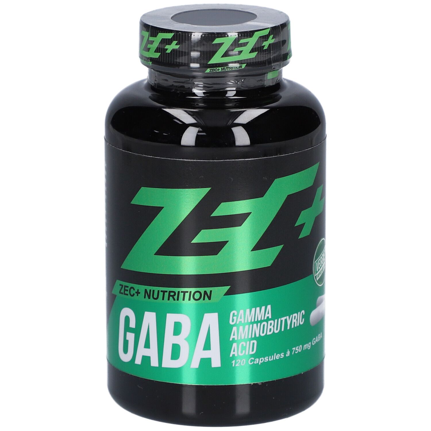 Schwarze Flasche mit grünem Etikett. Aufschrift: ZEC+ GABA, Gamma Aminobuttersäure, 120 Kapseln.
