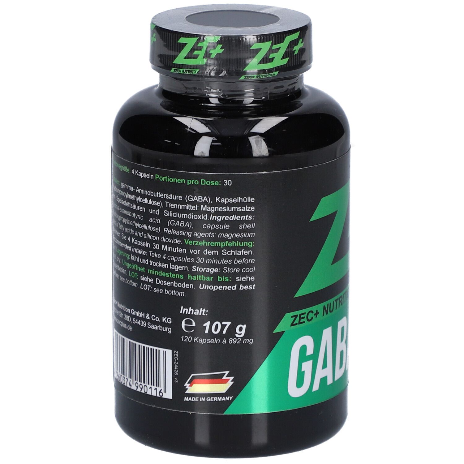 Rückseite der schwarzen Flasche. Text: ZEC+ Nutrition GABA, Inhaltsstoffe, 120 Kapseln, 107 g, Made in Germany.