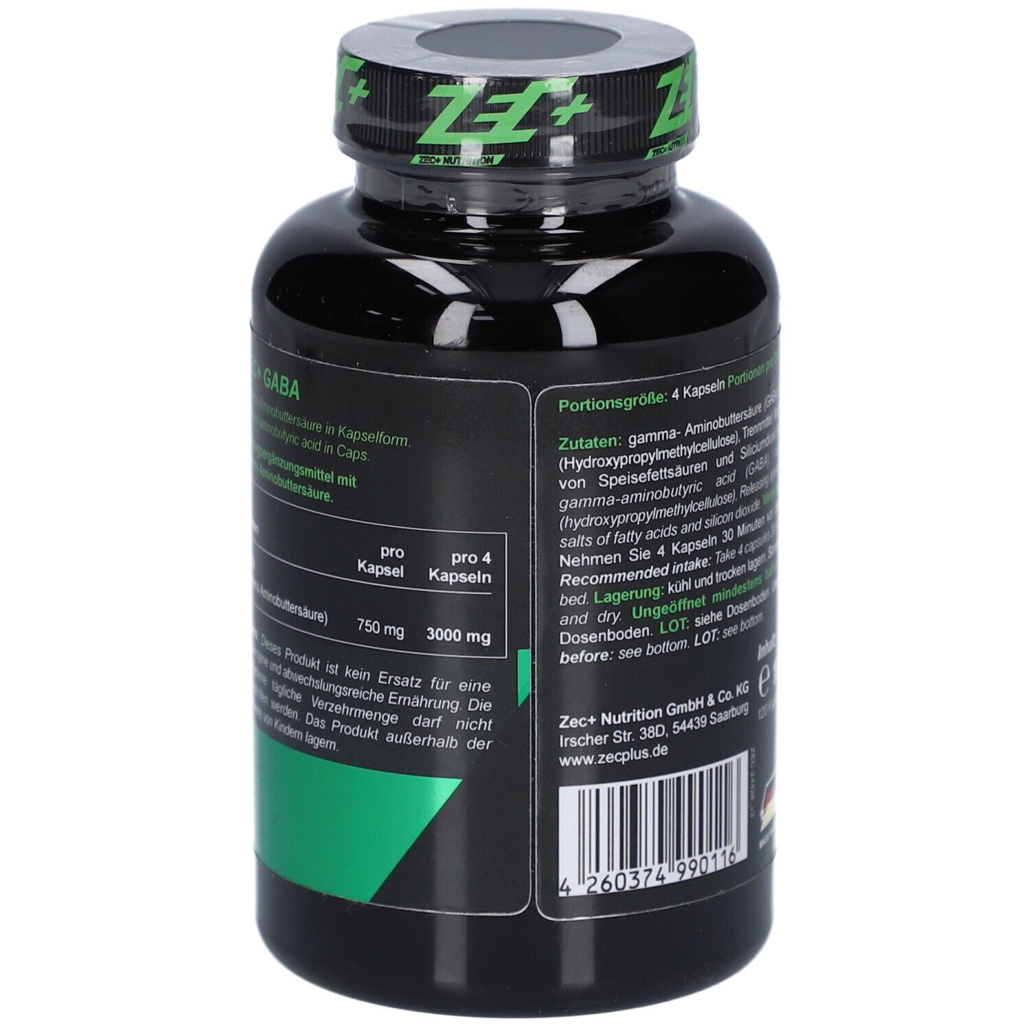 Rückseite der schwarzen Flasche. Text: ZEC+ Nutrition GABA, Zutaten, Verzehrempfehlung, Lagerung, Mindestens haltbar bis.