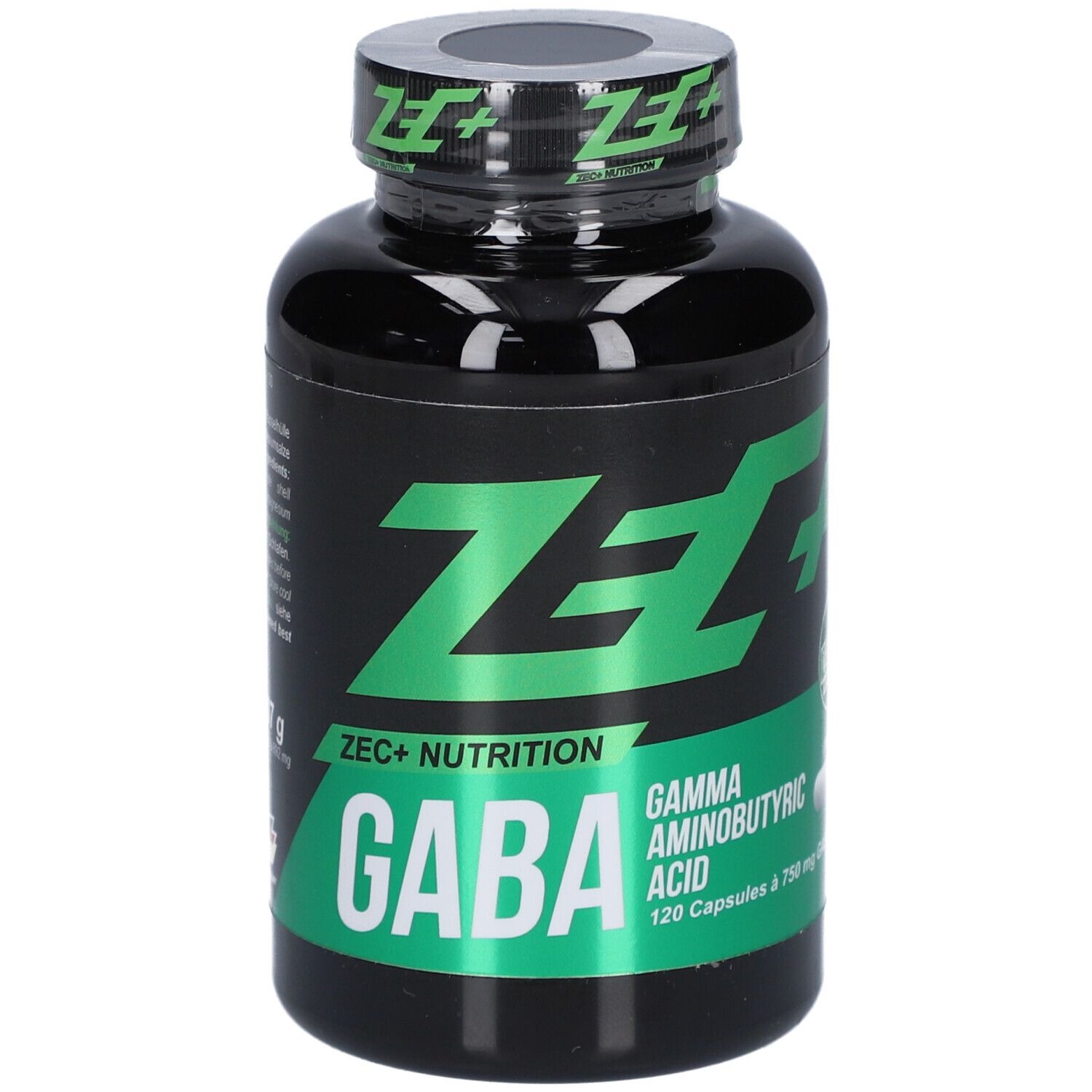 Schwarze Flasche mit grünem Etikett. Aufschrift: ZEC+ GABA, Gamma Aminobuttersäure, 120 Kapseln.