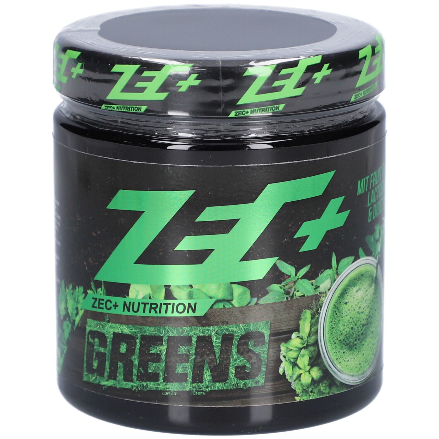 Schwarzes Glas mit grünem Deckel. Aufschrift ZEC+ GREENS. Abbildung eines grünen Getränks. Text: ZEC+ Nutrition GREENS.