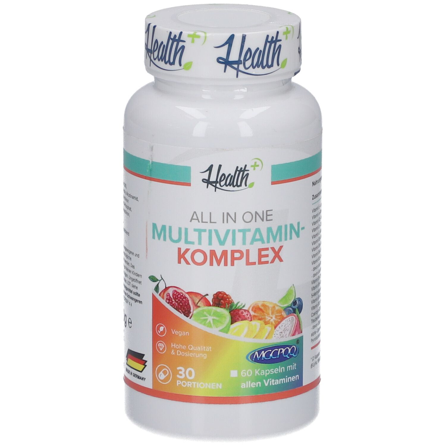 Weiße Flasche mit HEALTH+ ALL IN ONE Multivitamin Komplex. 60 Kapseln, 30 Portionen. Abbildung von Früchten.